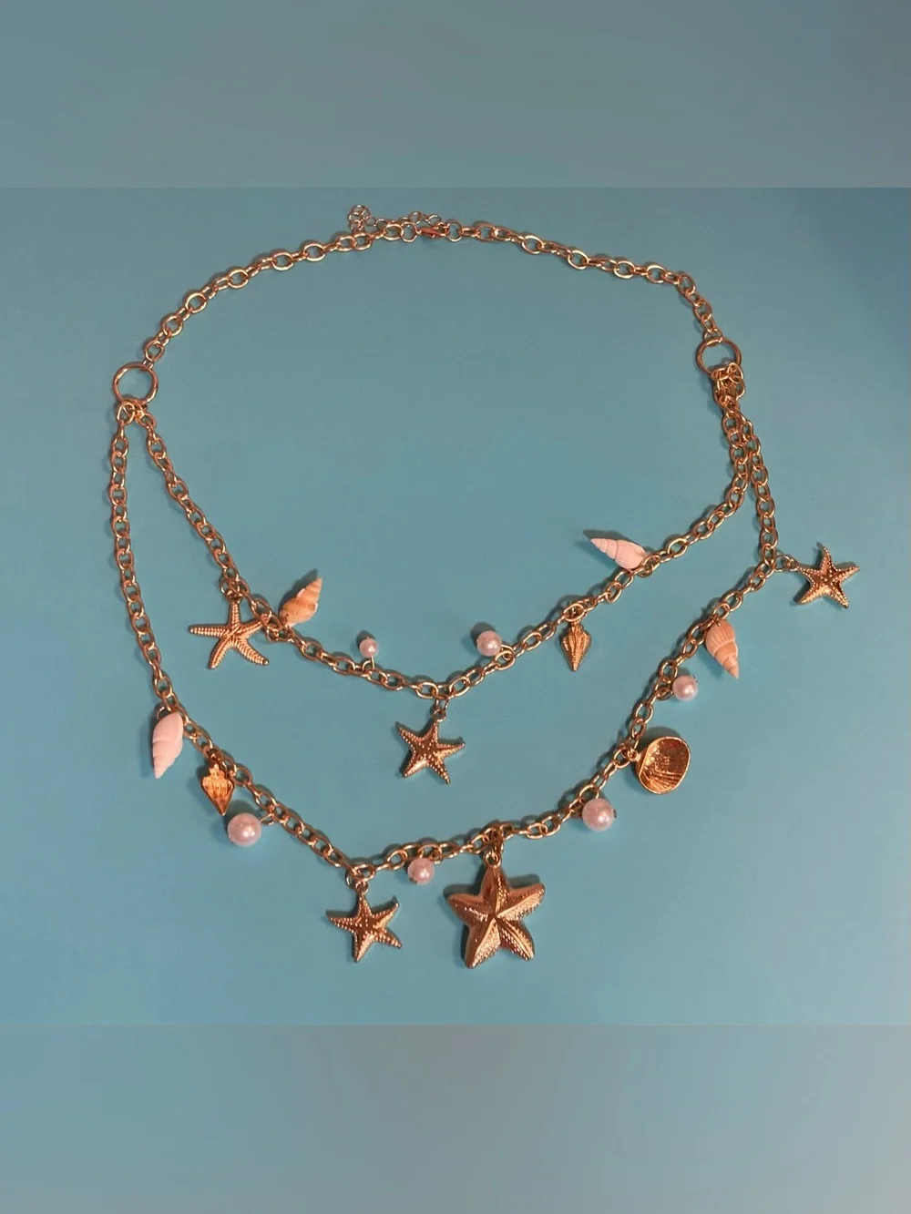 Gold Toned Seashell & Starfish Layered Necklace with Pearls